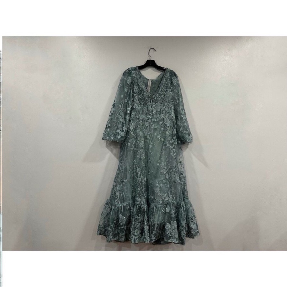 Mac Duggal 20512 Green V-Neck Mesh Puff Sleeve Embellished Tea Length Dress 6 - Picture 2 of 7